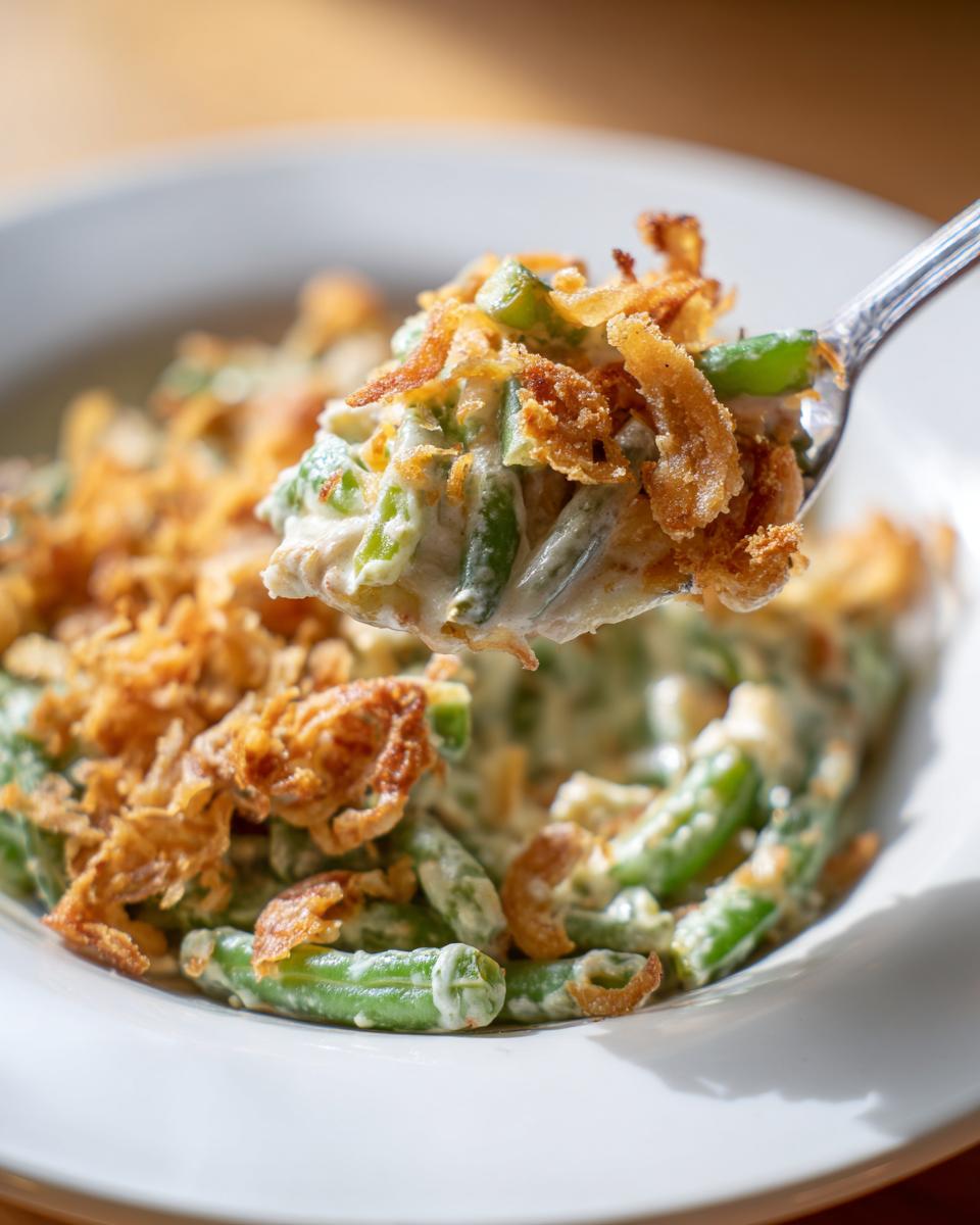 A spoonful of creamy green bean casserole topped with crispy fried onions being lifted from a white bowl.