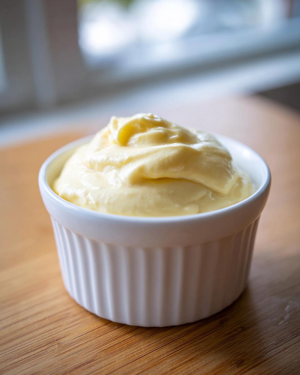 A close-up of thick, creamy, pale yellow hollandaise sauce served in a small white fluted ramekin.