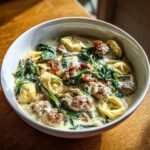 A close-up of a hearty bowl of italian sausage tortellini soup with spinach and creamy broth.