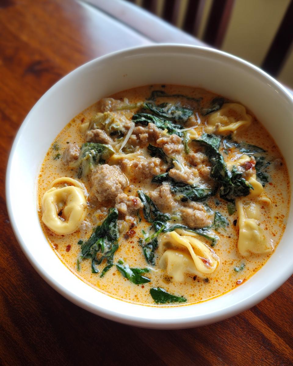 Close-up of a serving of creamy italian sausage tortellini soup with spinach in a white bowl.