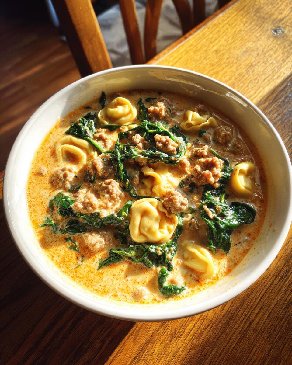 A close-up of a creamy bowl of italian sausage tortellini soup with spinach, served on a wooden table.