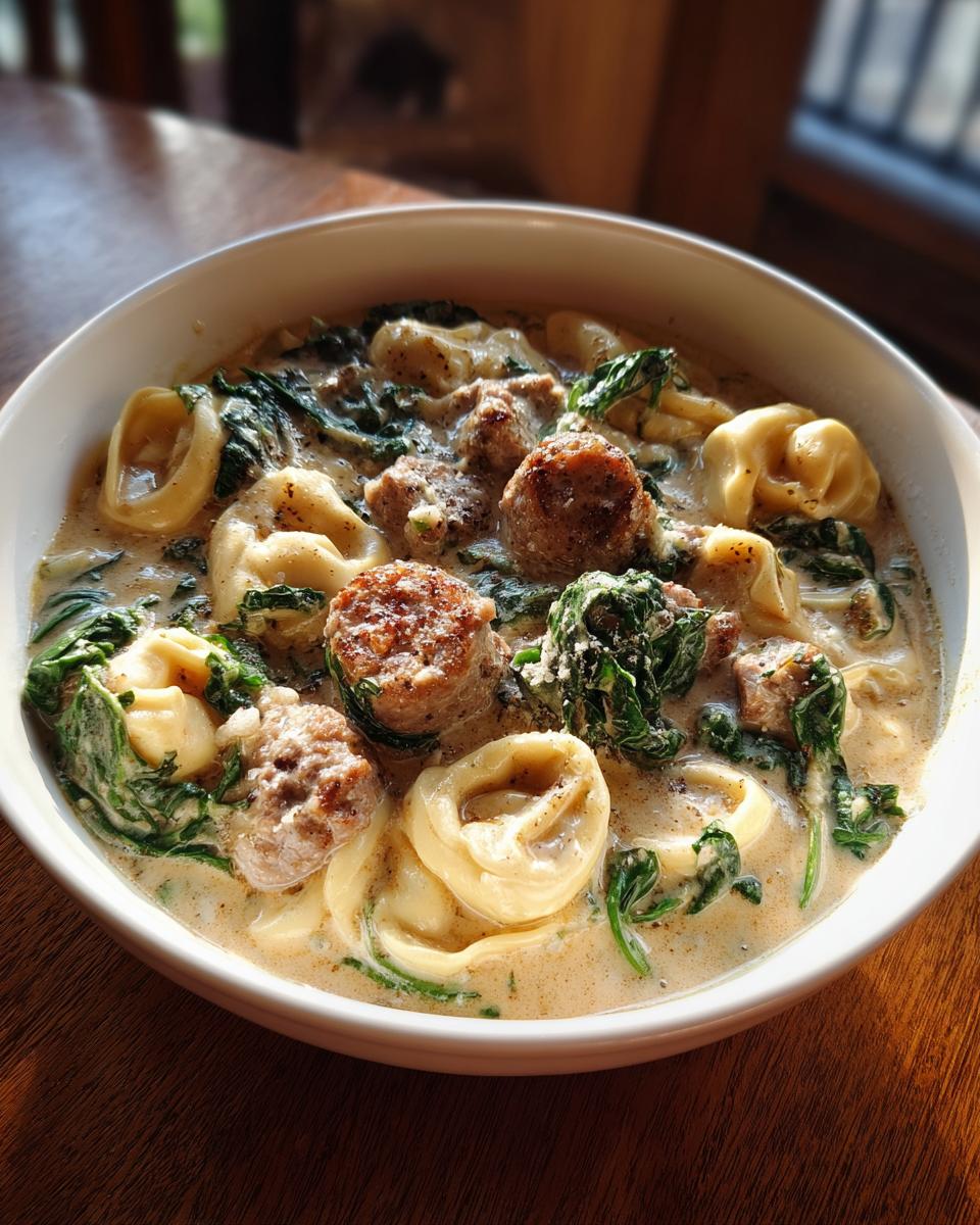 Close-up of creamy italian sausage tortellini soup featuring tortellini, sausage pieces, and wilted spinach.
