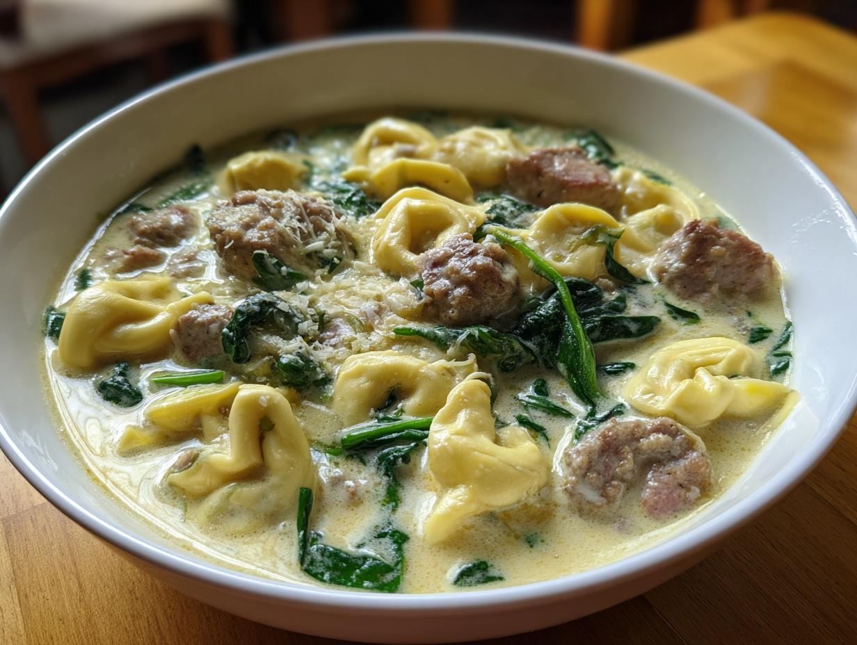Close-up of a hearty bowl of creamy italian sausage tortellini soup with spinach and grated cheese.