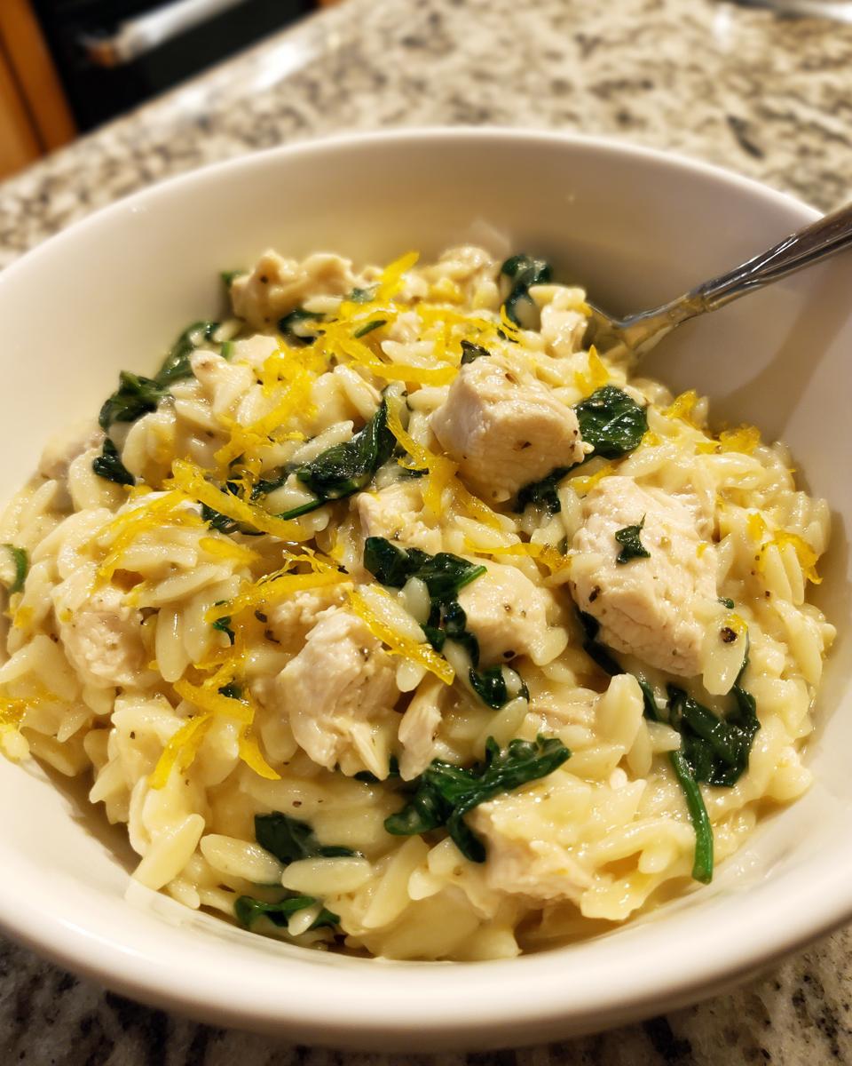 Close-up of creamy lemon chicken orzo mixed with wilted spinach and topped with bright yellow lemon zest in a white bowl.