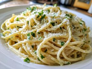 A close-up shot of a serving of creamy lemon pasta coated in a rich sauce, topped with grated Parmesan cheese and fresh parsley.