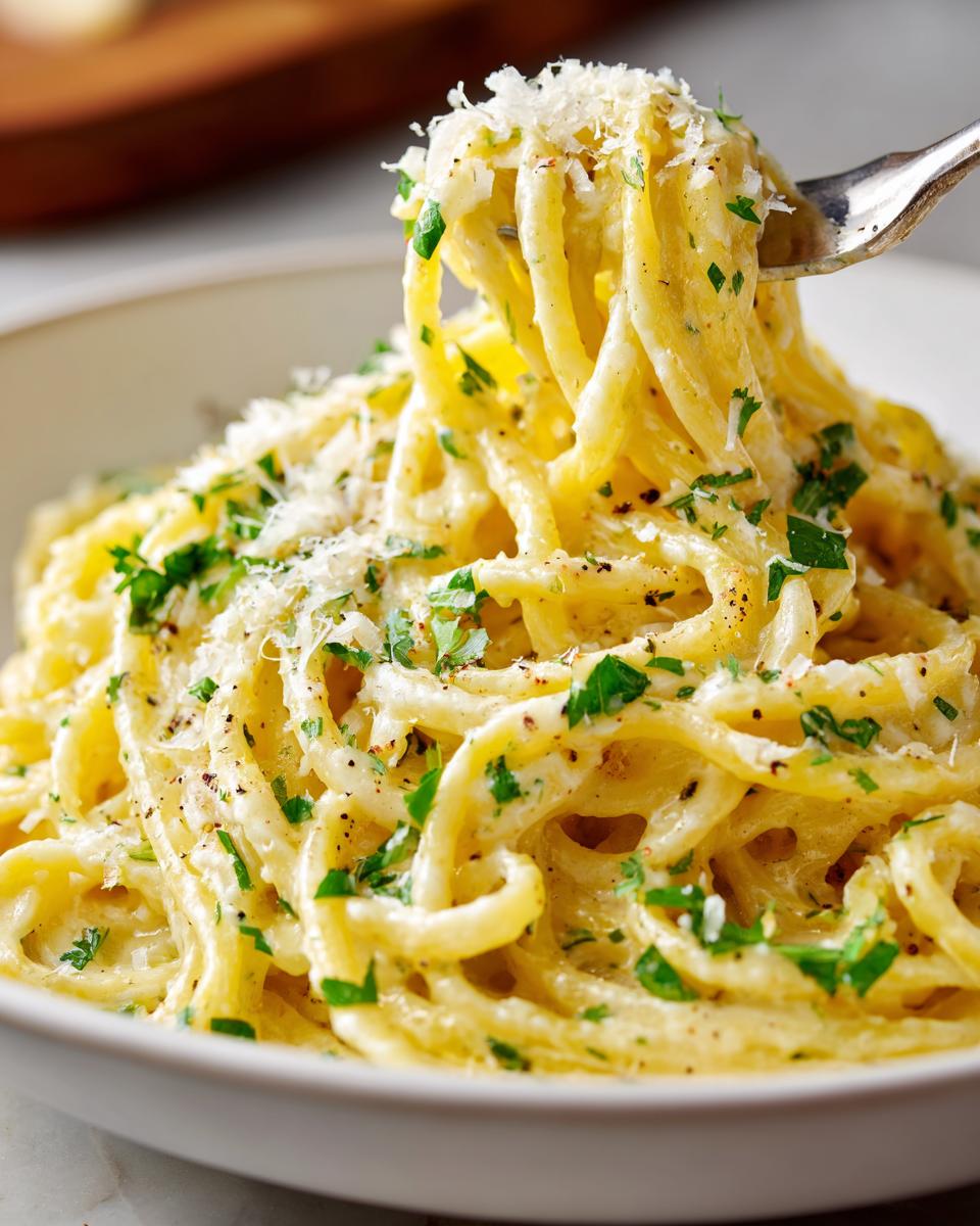 A fork lifting a twirl of creamy lemon pasta coated in sauce, topped with grated cheese and fresh parsley.