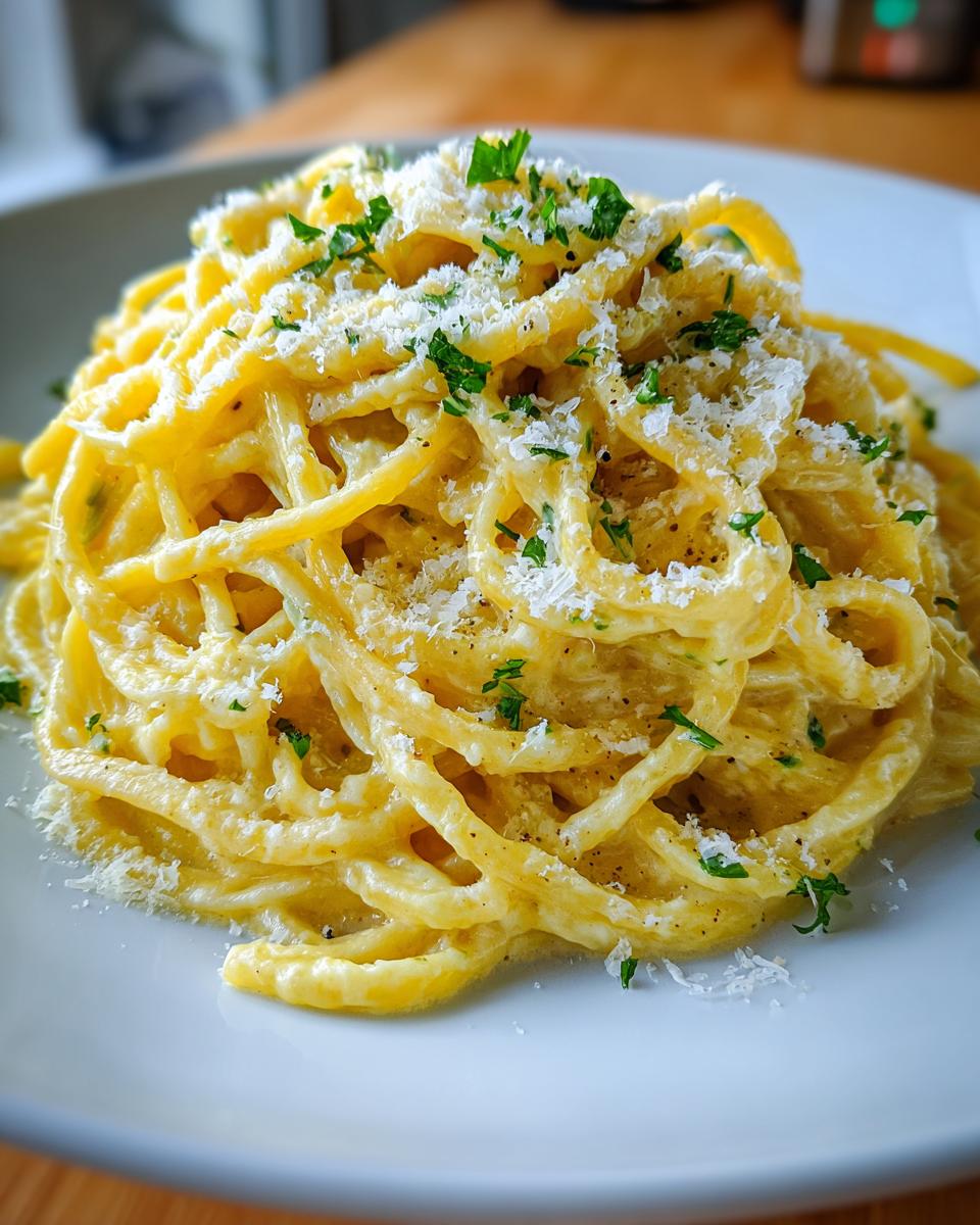 A close-up shot of a serving of creamy lemon pasta tossed in a rich sauce, topped with grated Parmesan cheese and fresh parsley.