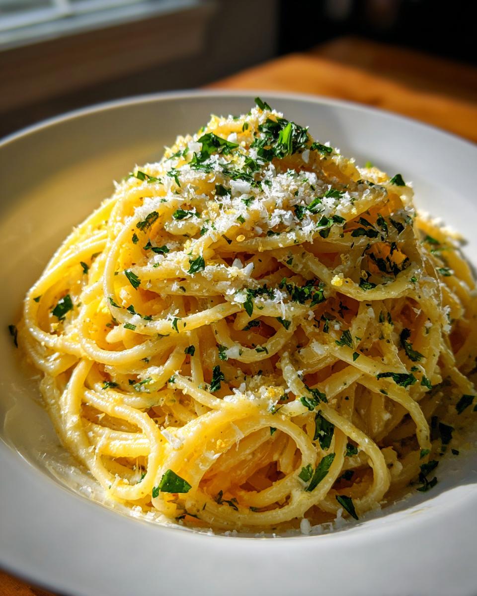 A close-up of a generous serving of creamy lemon pasta topped with grated Parmesan cheese and fresh chopped parsley.