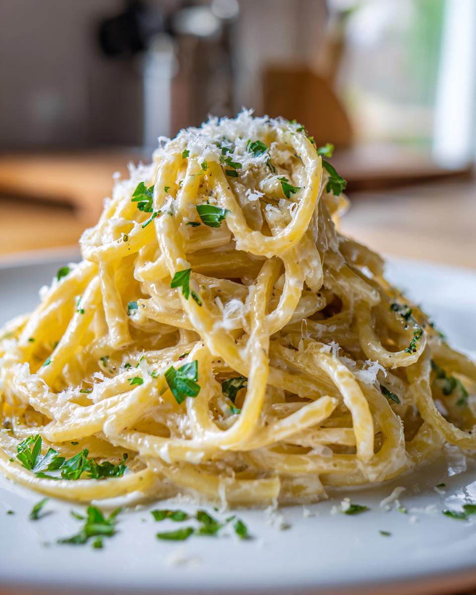 A tall swirl of creamy lemon pasta topped with grated parmesan cheese and fresh parsley on a white plate.