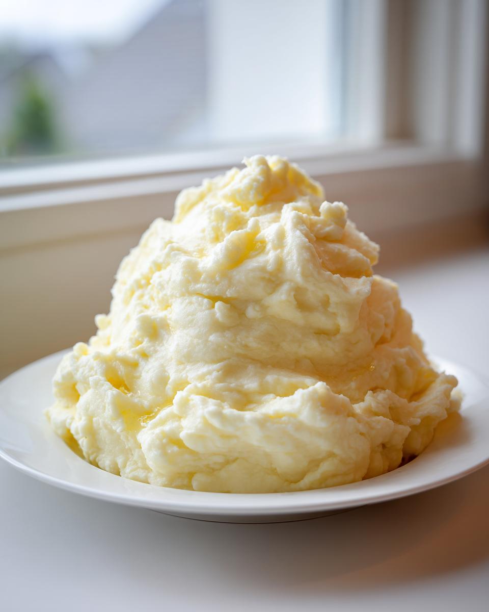 A large, fluffy mound of perfectly creamy mashed potatoes served on a white plate, glistening slightly.