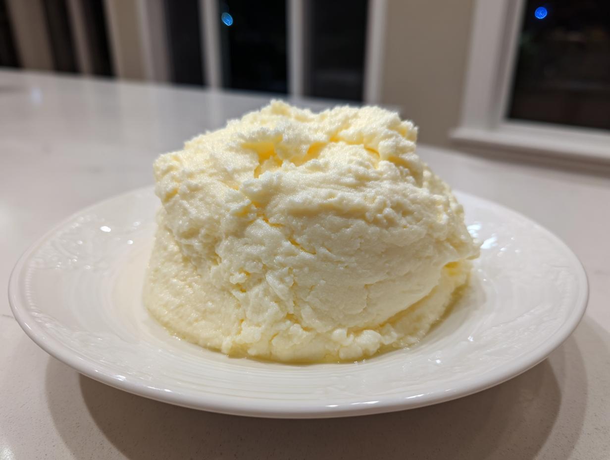 A generous serving of fluffy, creamy mashed potatoes mounded on a white decorative plate.