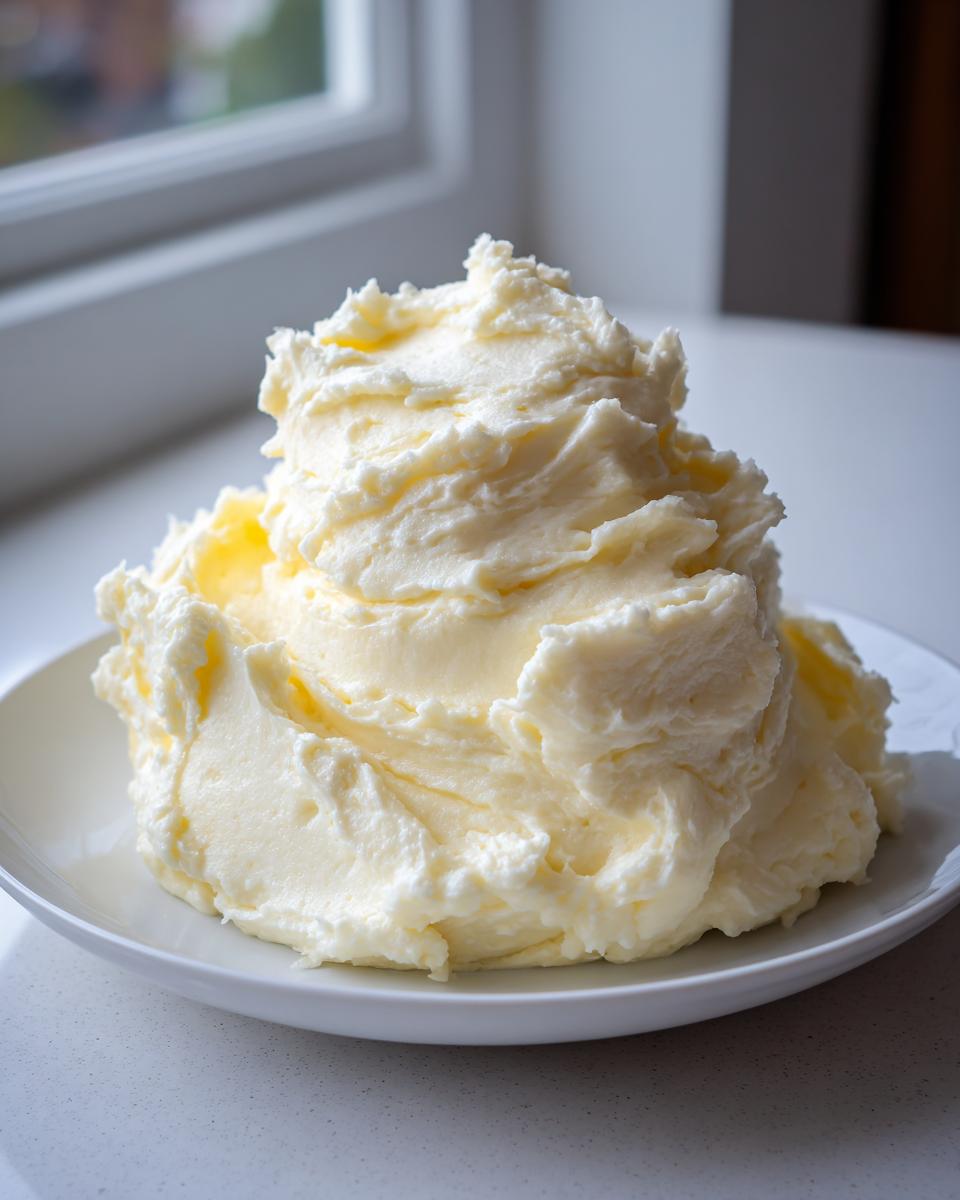 A large, fluffy mound of perfectly creamy mashed potatoes served on a white plate near a window.