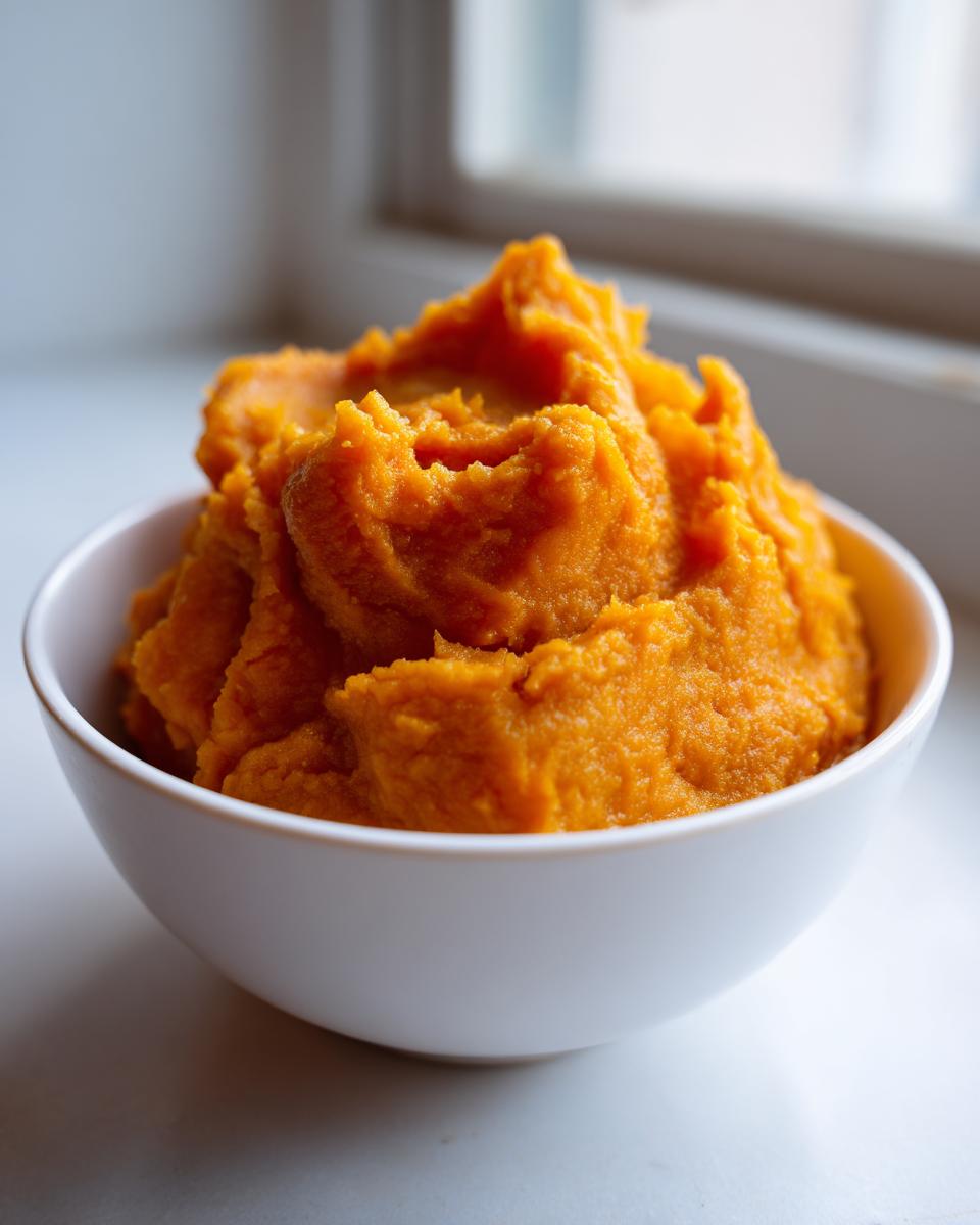 A white bowl filled high with vibrant orange, fluffy mashed sweet potatoes, set against a bright window background.