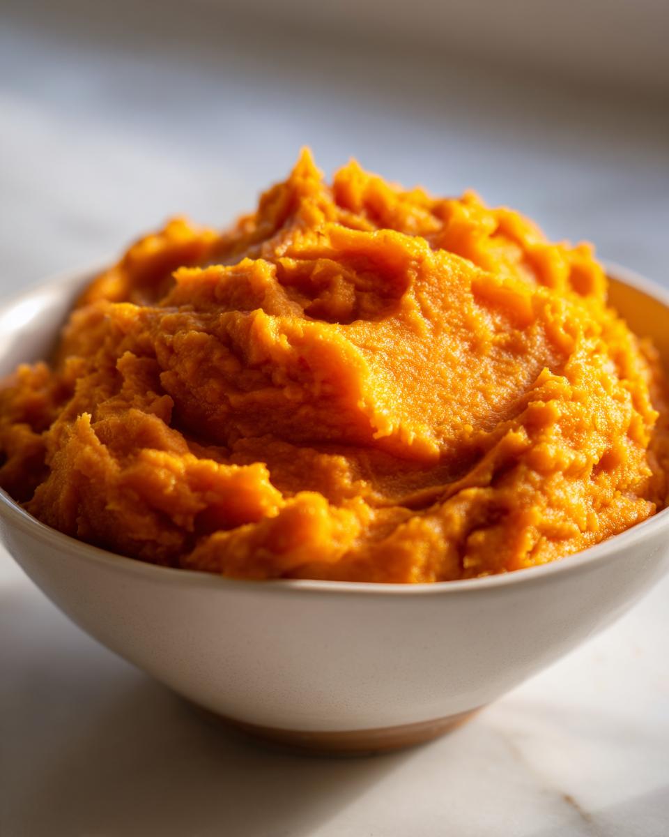 A close-up of a white bowl filled with vibrant, fluffy mashed sweet potatoes.