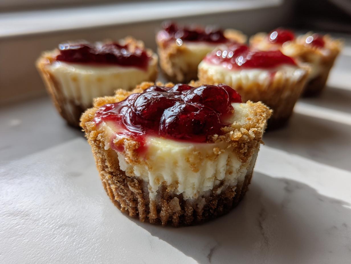 A close-up, sunlit photo of a single mini cheesecake with a graham cracker crust and bright red cherry topping, with more mini cheesecake bites blurred in the background.