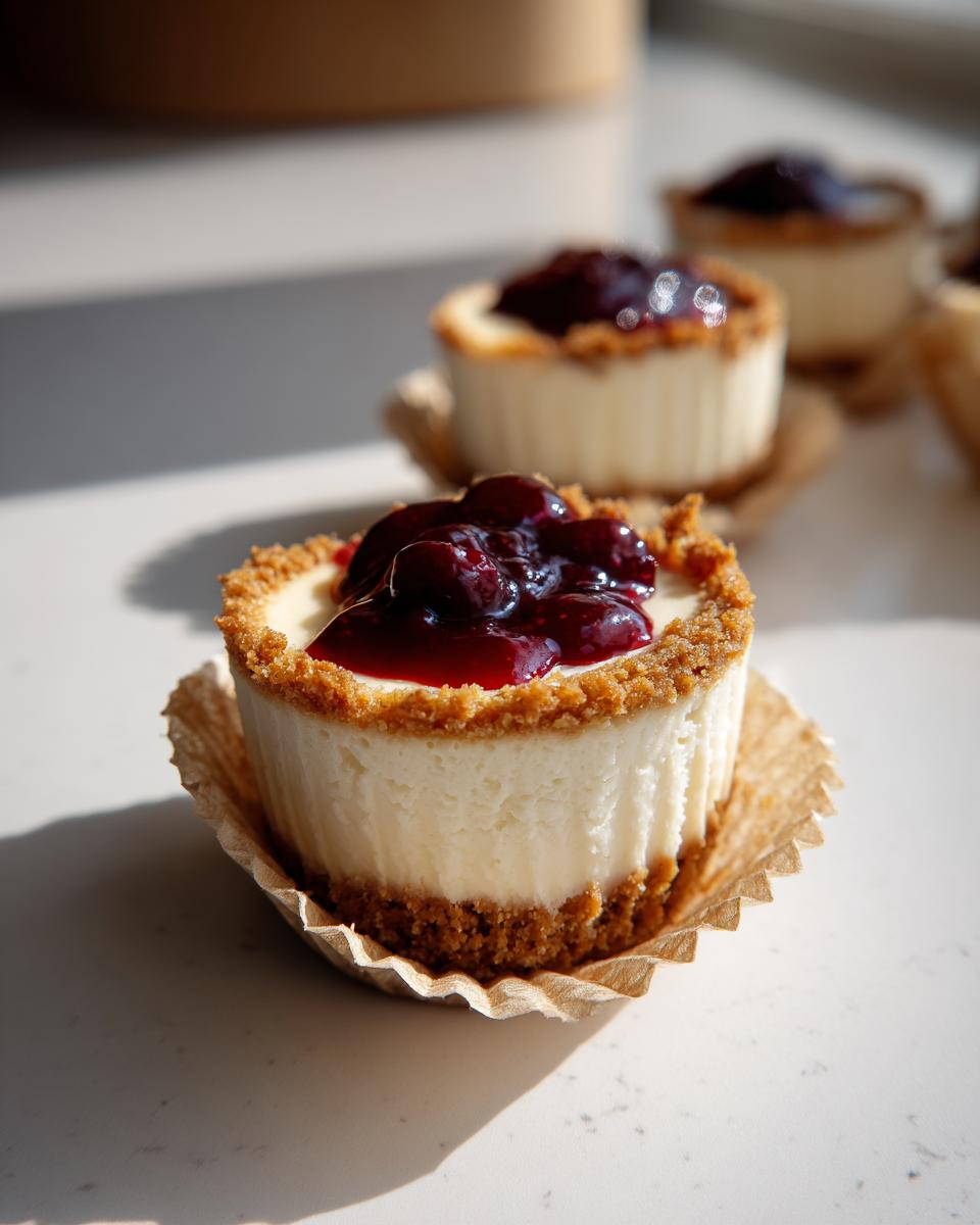 Close-up of a creamy mini cheesecake with a graham cracker crust topped with rich cherry compote.