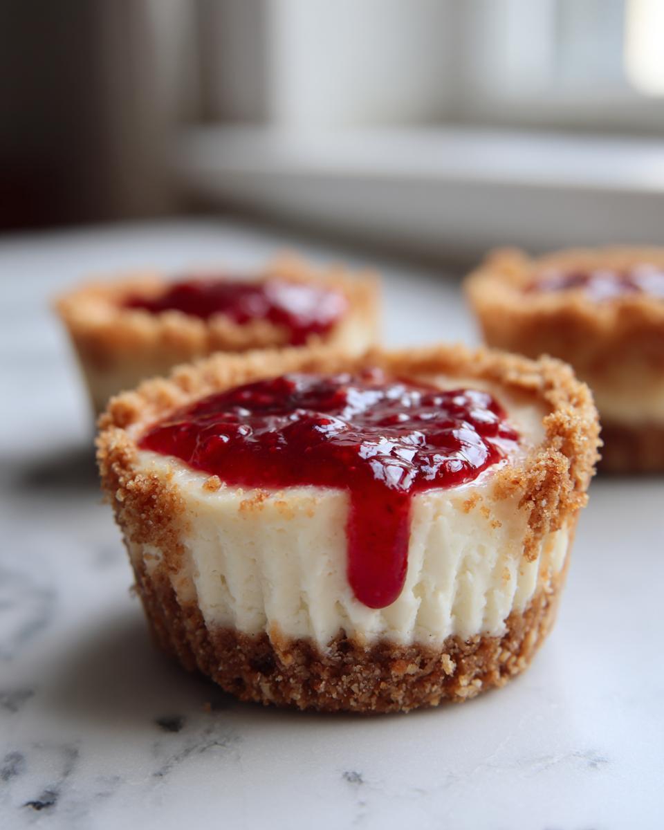 A close-up of a single, creamy mini cheesecake bite with a thick graham cracker crust and a bright red raspberry topping dripping down the side.