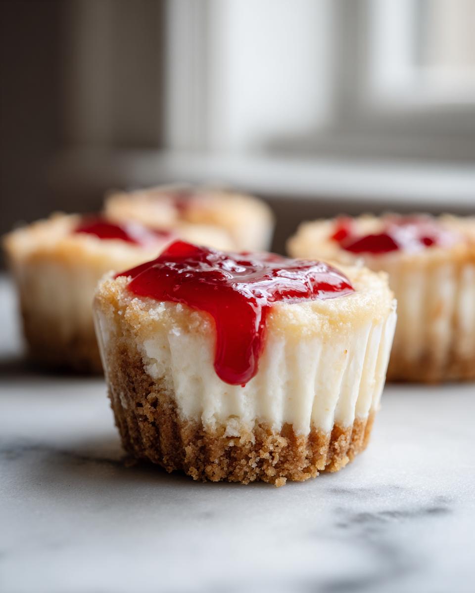 A close-up of one creamy mini cheesecake topped with bright red strawberry sauce, resting on a marble surface.