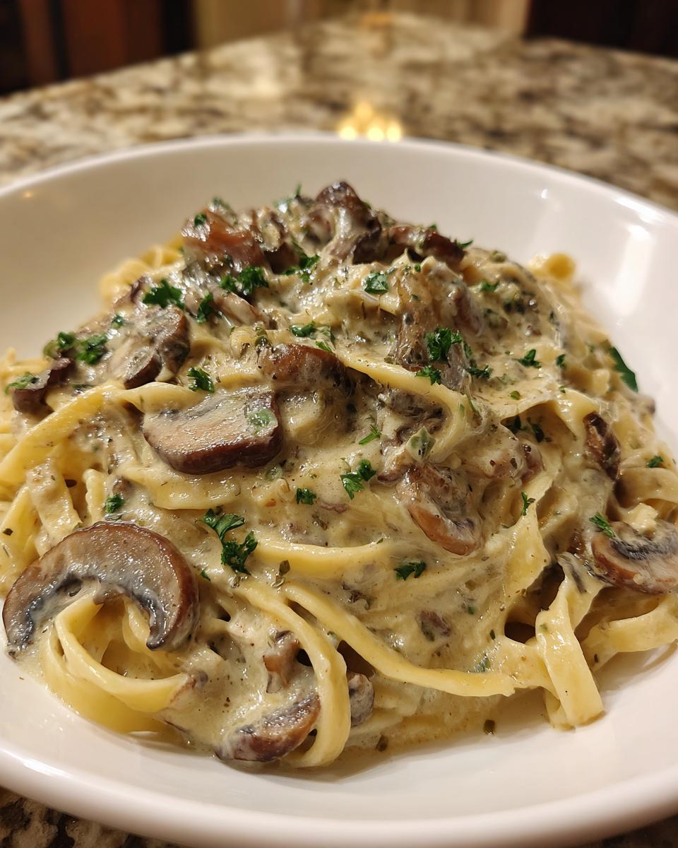 Close-up of creamy mushroom pasta featuring fettuccine noodles coated in a rich sauce with sliced mushrooms and parsley.