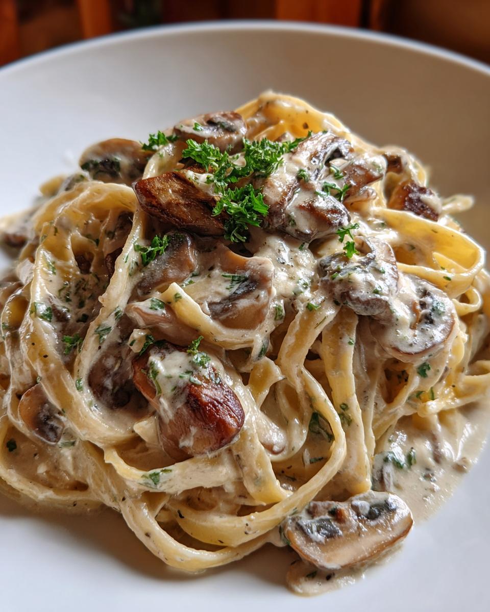 Close-up of rich, creamy mushroom pasta made with fettuccine noodles and garnished with fresh parsley.