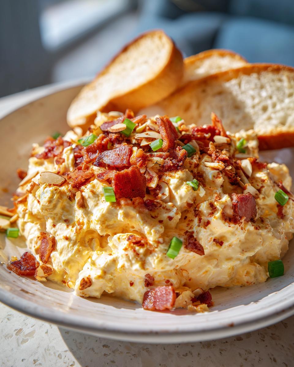 A serving of creamy Neiman Marcus dip topped generously with crumbled bacon, sliced almonds, and green onions, served with toasted bread slices.