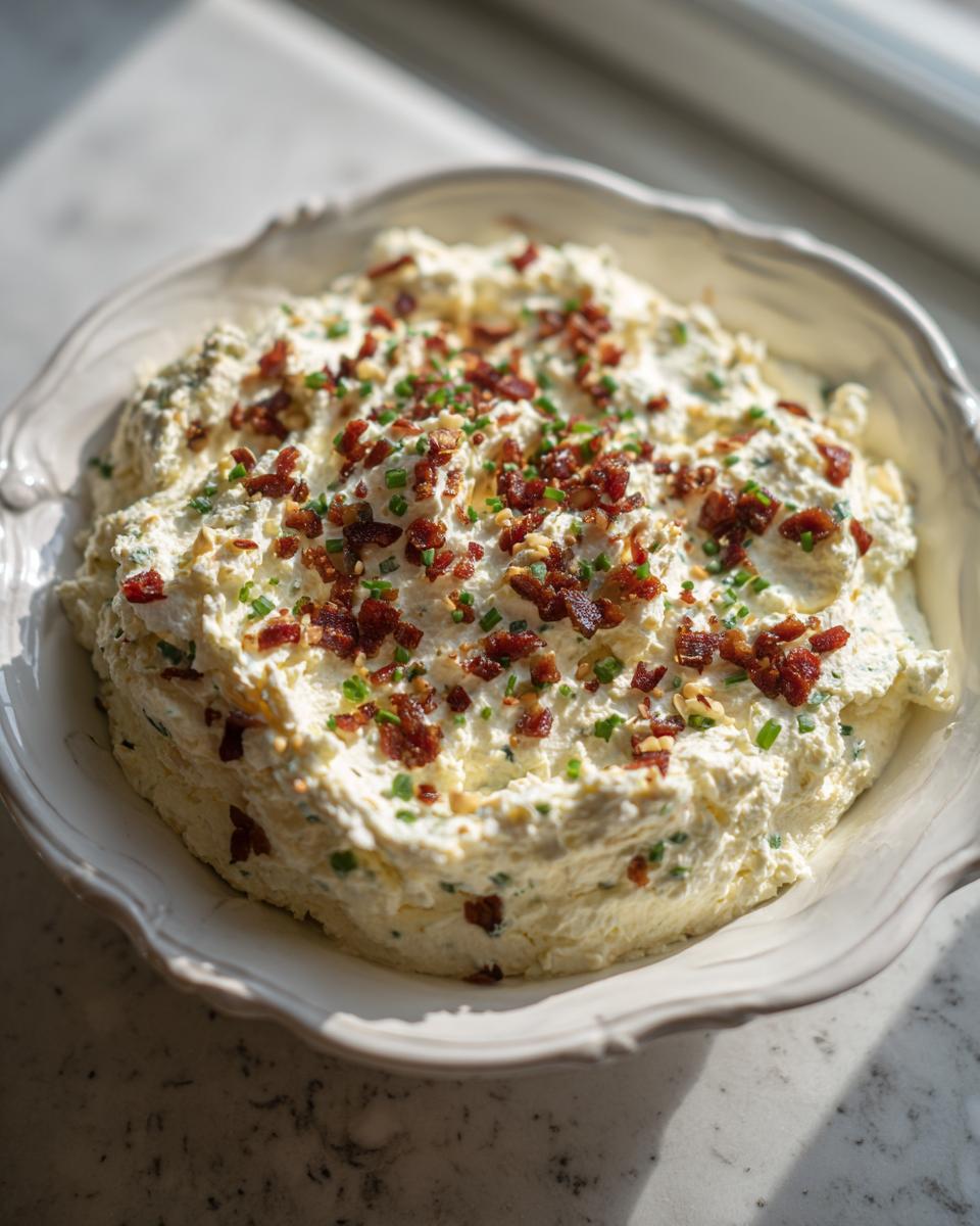 A bowl of creamy Neiman Marcus dip topped generously with crumbled bacon and fresh chopped chives.