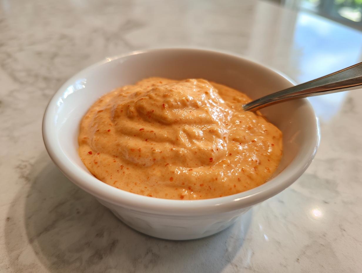 A close-up of thick, creamy orange burger sauce speckled with red spice, served in a small white bowl with a spoon.