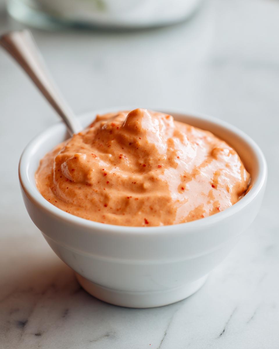 Close-up of a thick, creamy orange burger sauce speckled with red spices in a small white bowl.