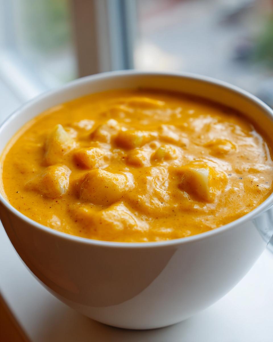 Close-up of a white bowl filled with vibrant orange, creamy cheese soup containing visible chunks of potato or vegetable.