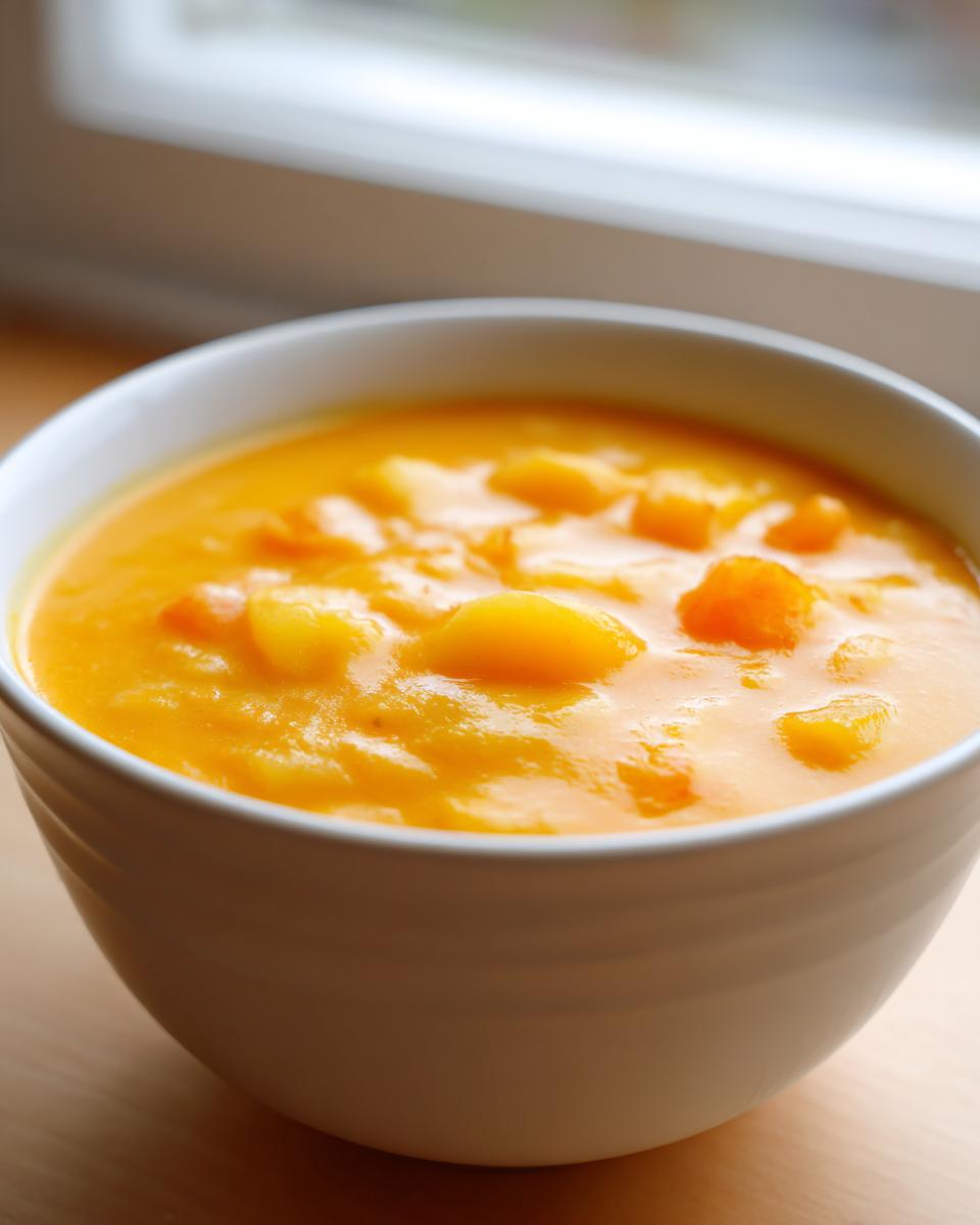 Close-up of a white bowl filled with vibrant orange cheese soup containing visible chunks of vegetables.
