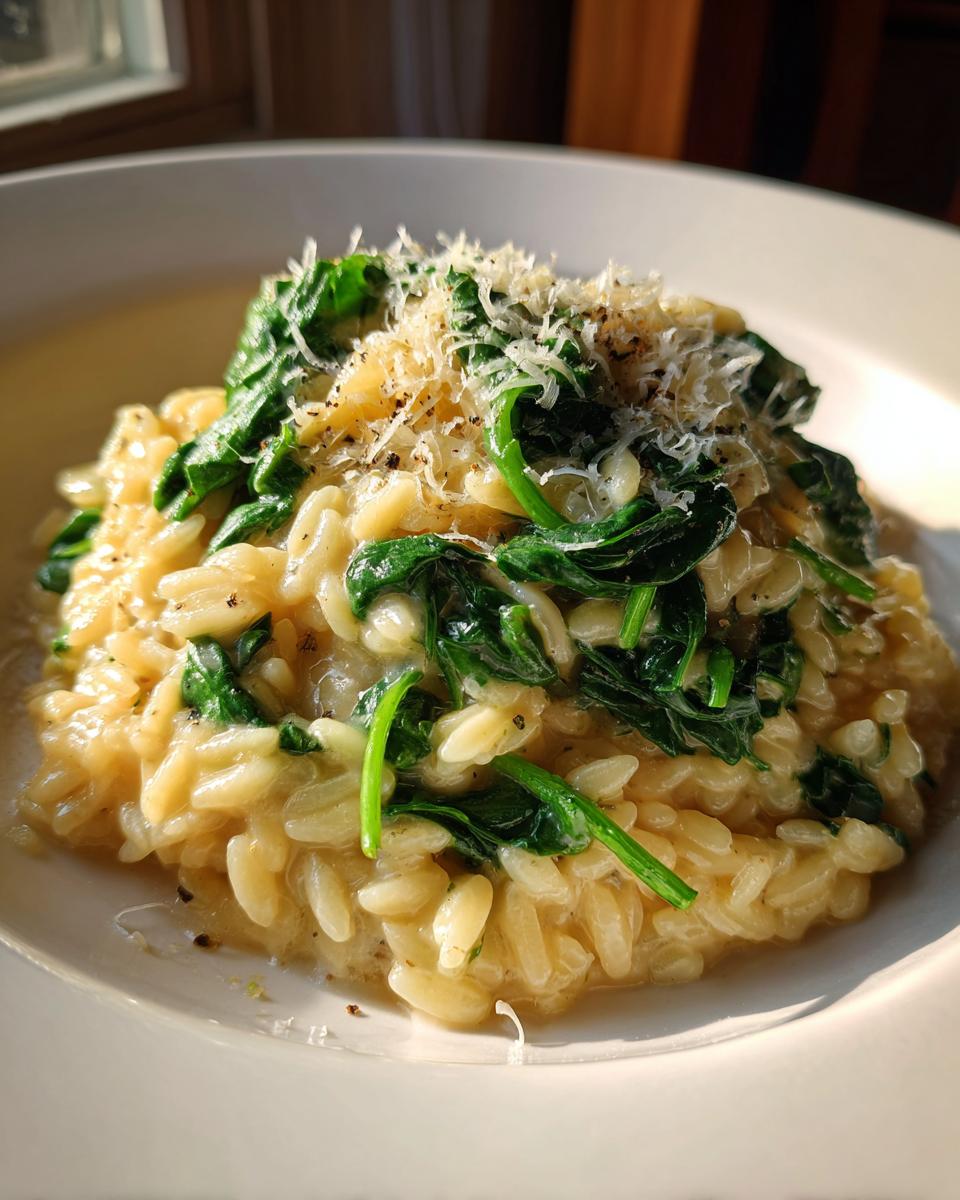Close-up of creamy orzo pasta topped with wilted spinach and grated Parmesan cheese.