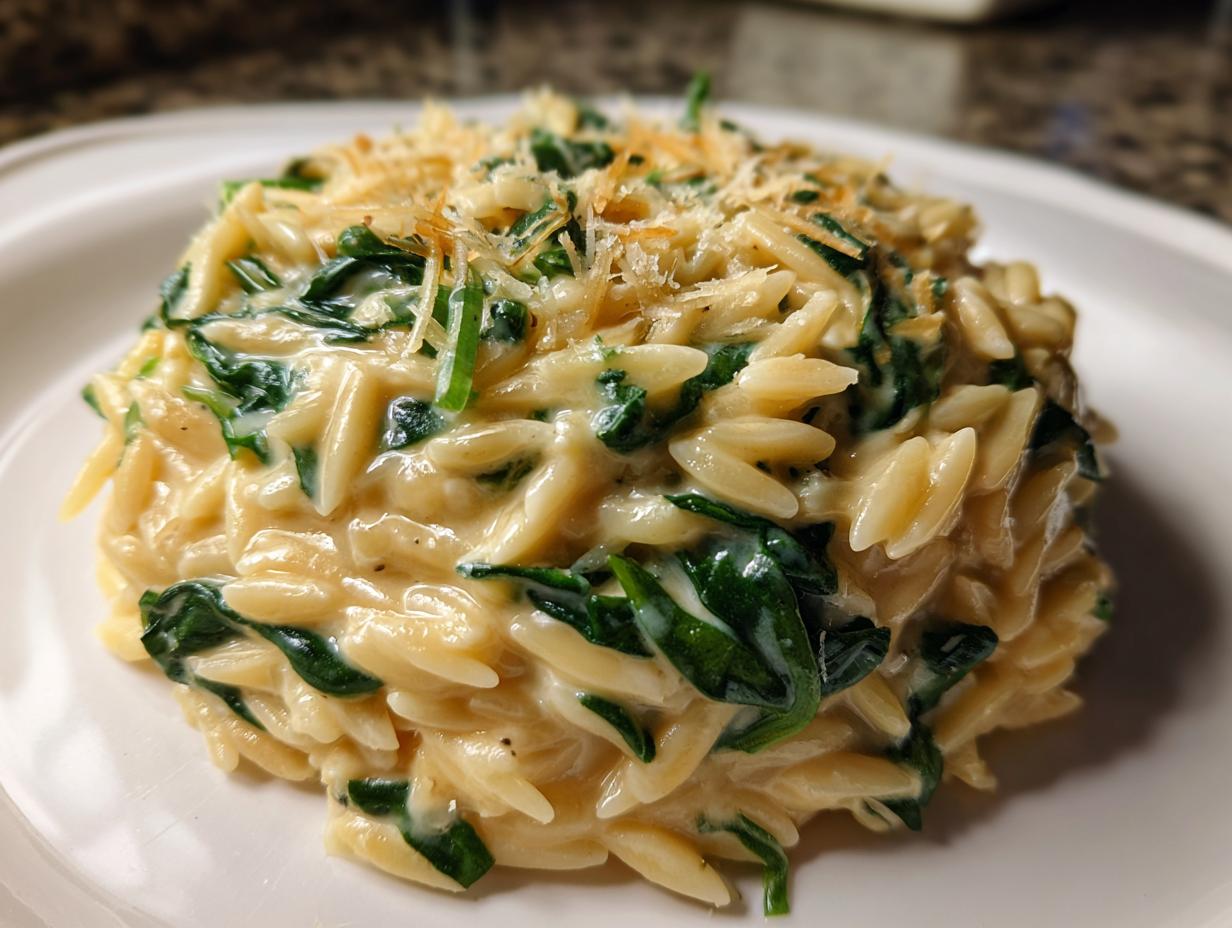 Close-up of a serving of creamy orzo pasta mixed with wilted spinach and topped with grated cheese.