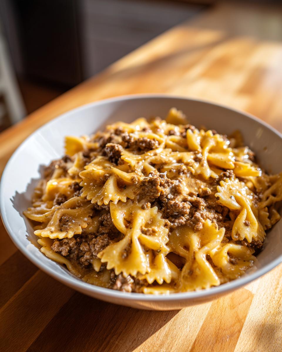 A close-up of creamy parmesan garlic beef bowtie pasta served in a white bowl on a wooden surface.