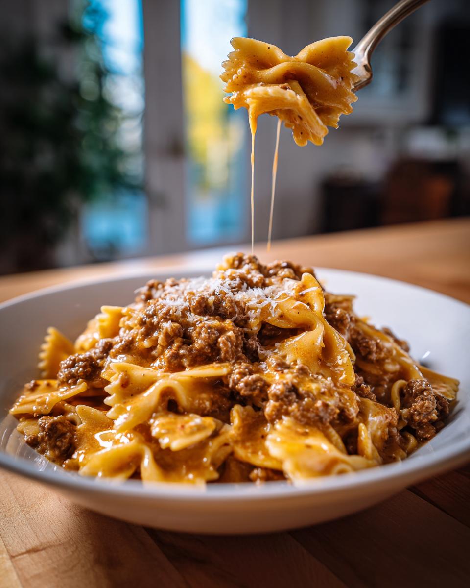 A fork lifting a bow tie pasta coated in creamy sauce from a bowl of creamy parmesan garlic beef bowtie pasta.