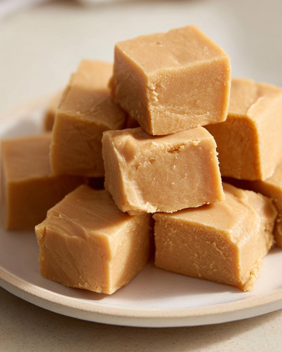 A close-up stack of creamy, light brown peanut butter fudge squares resting on a neutral-colored plate.