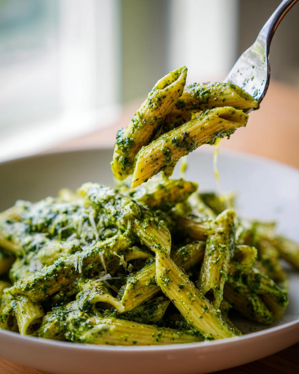 A fork lifts penne coated in rich, creamy pesto pasta sauce from a white bowl.