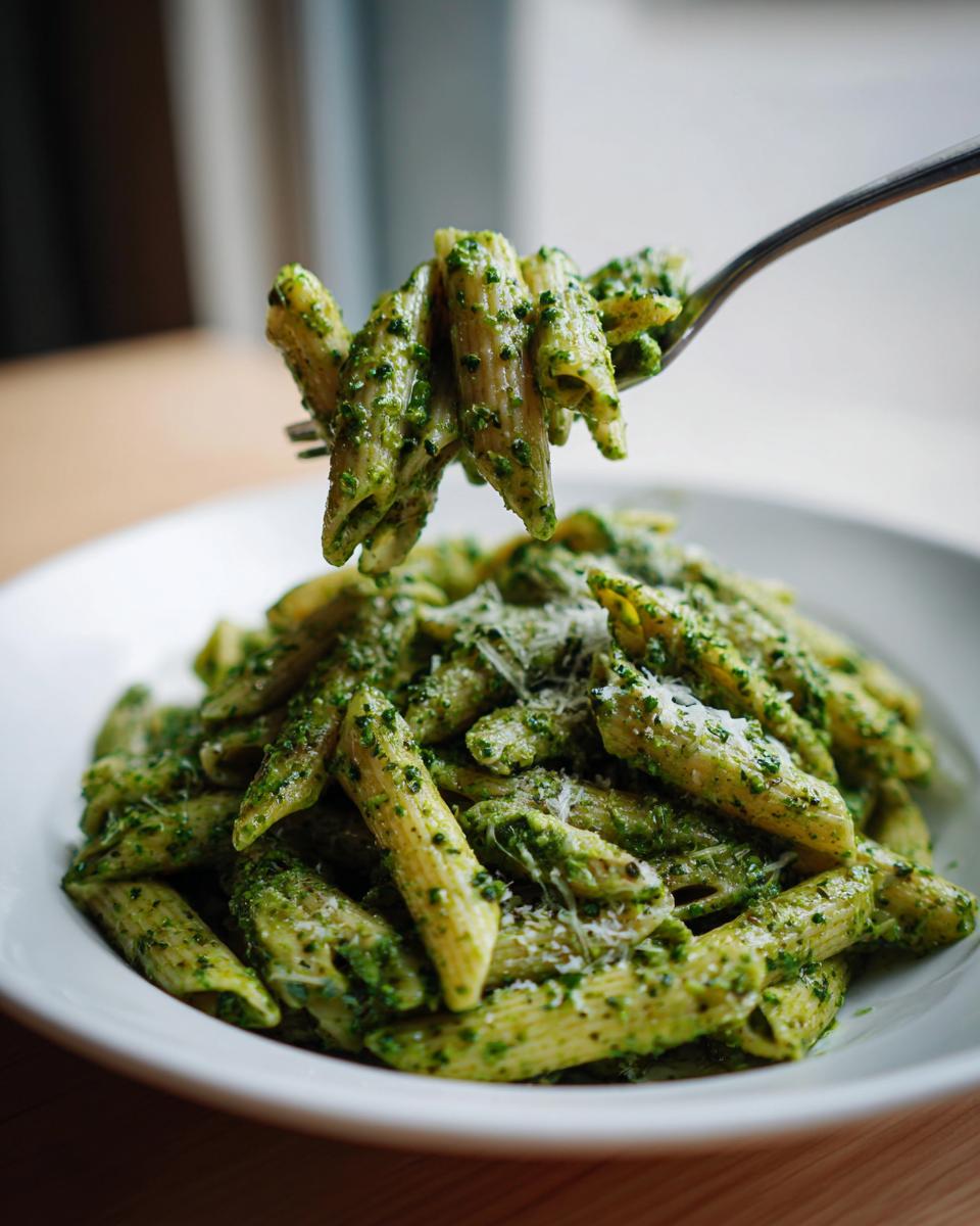 A fork lifts penne pasta coated in rich, creamy pesto pasta sauce, topped with grated Parmesan cheese.
