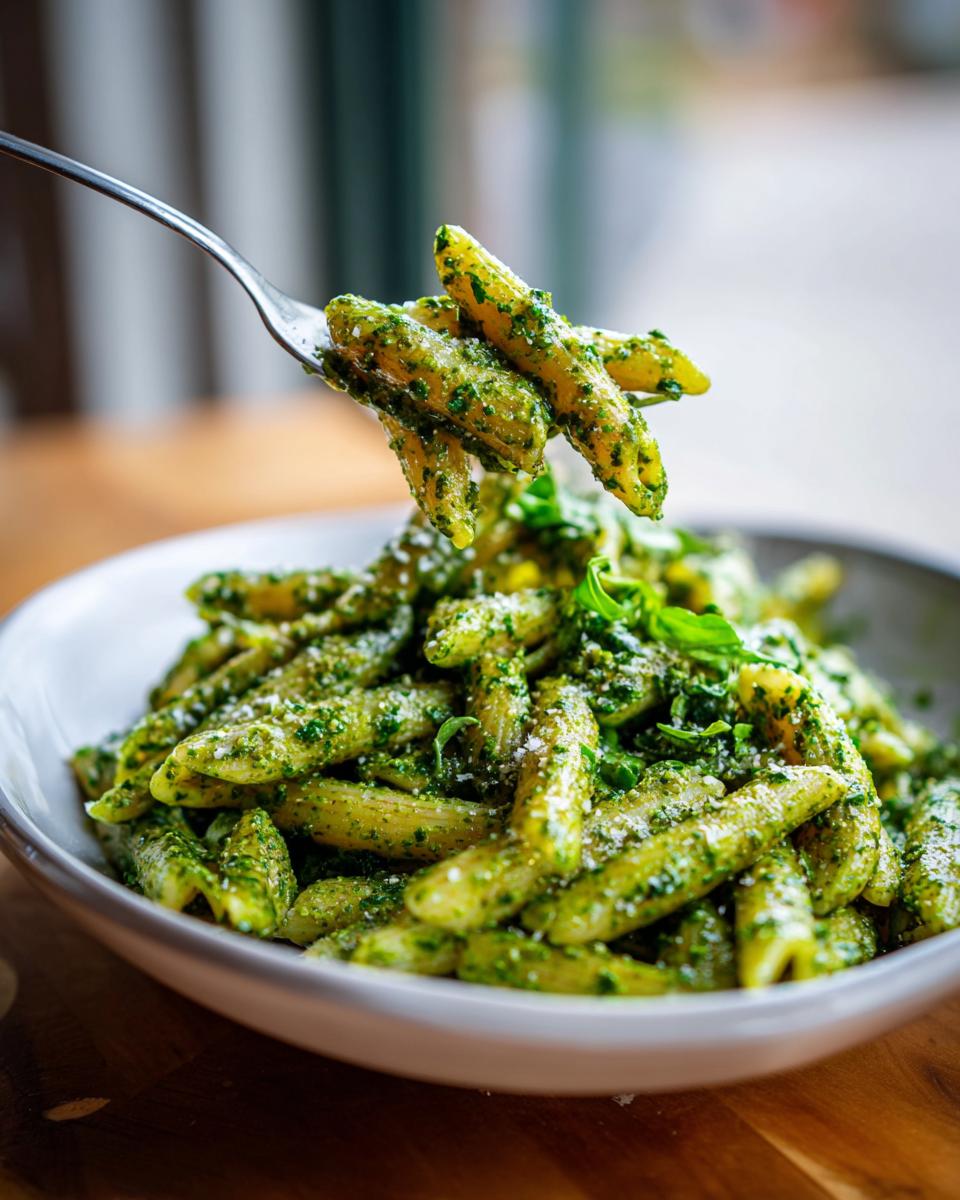 A fork lifting penne pasta coated in rich, creamy pesto pasta sauce from a white bowl.