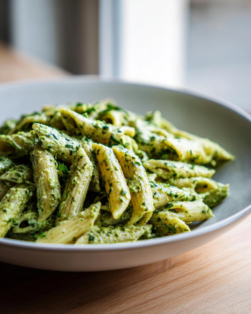 A close-up view of penne pasta coated generously in a rich, creamy pesto sauce, served in a light bowl.