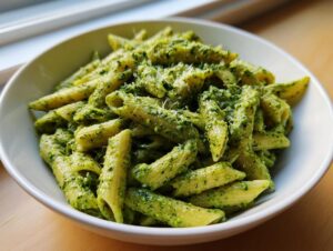A close-up of a white bowl filled with creamy pesto pasta made with penne, lightly dusted with Parmesan cheese.