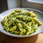 A close-up of penne pasta coated in vibrant green creamy pesto pasta, topped with grated cheese.