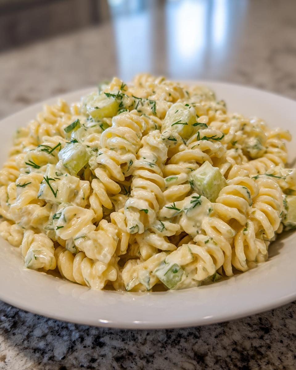 A close-up of creamy pickle pasta salad made with fusilli pasta, cucumber chunks, and fresh dill.