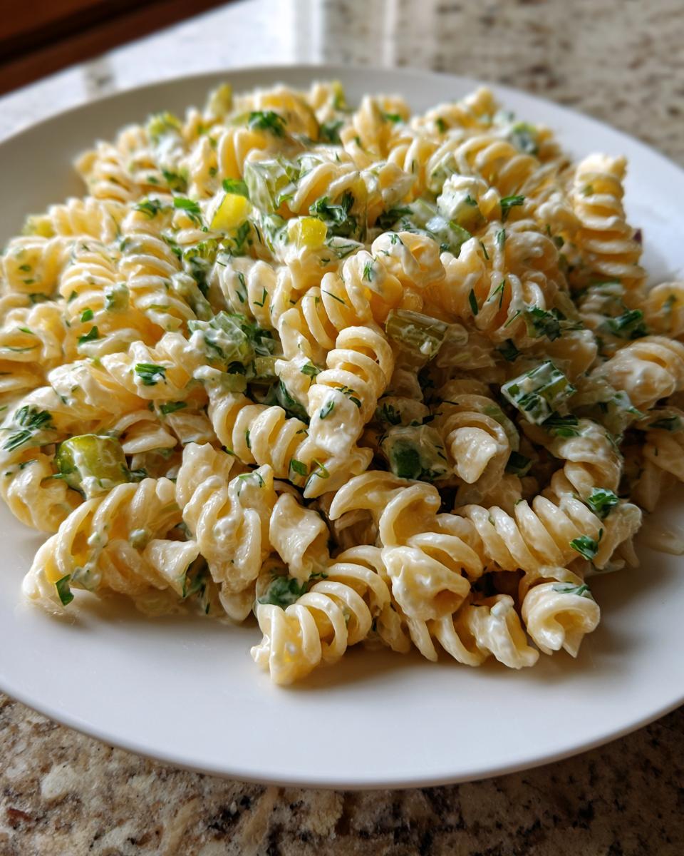 A close-up of creamy pickle pasta salad made with rotini pasta, visible chunks of pickles, and fresh herbs on a white plate.