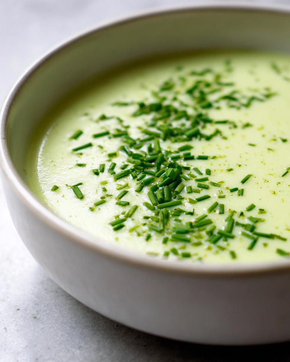Close-up of a bowl of creamy, light green potato leek soup garnished generously with freshly chopped chives.