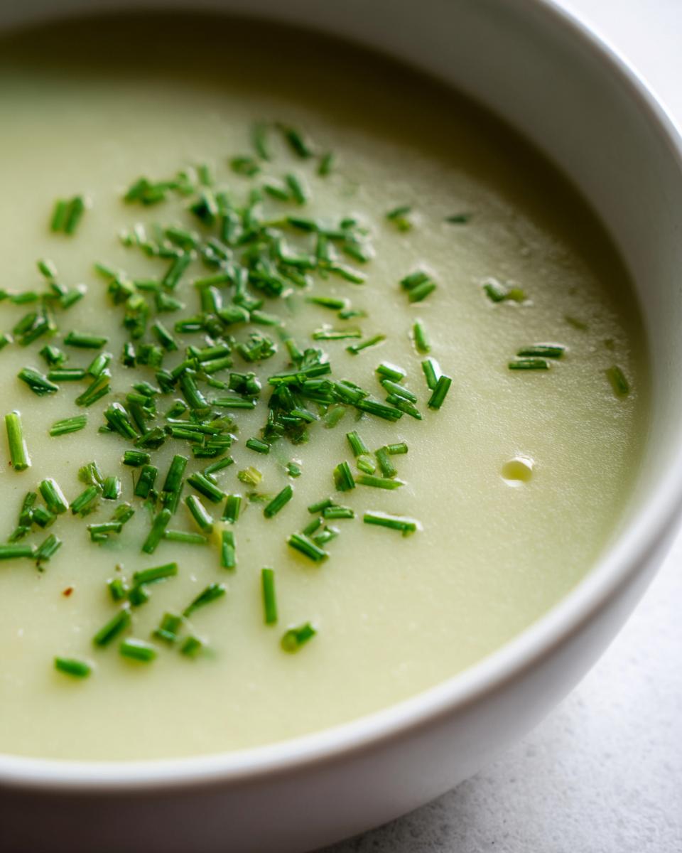 Close-up of creamy potato leek soup garnished generously with bright green chopped chives in a white bowl.