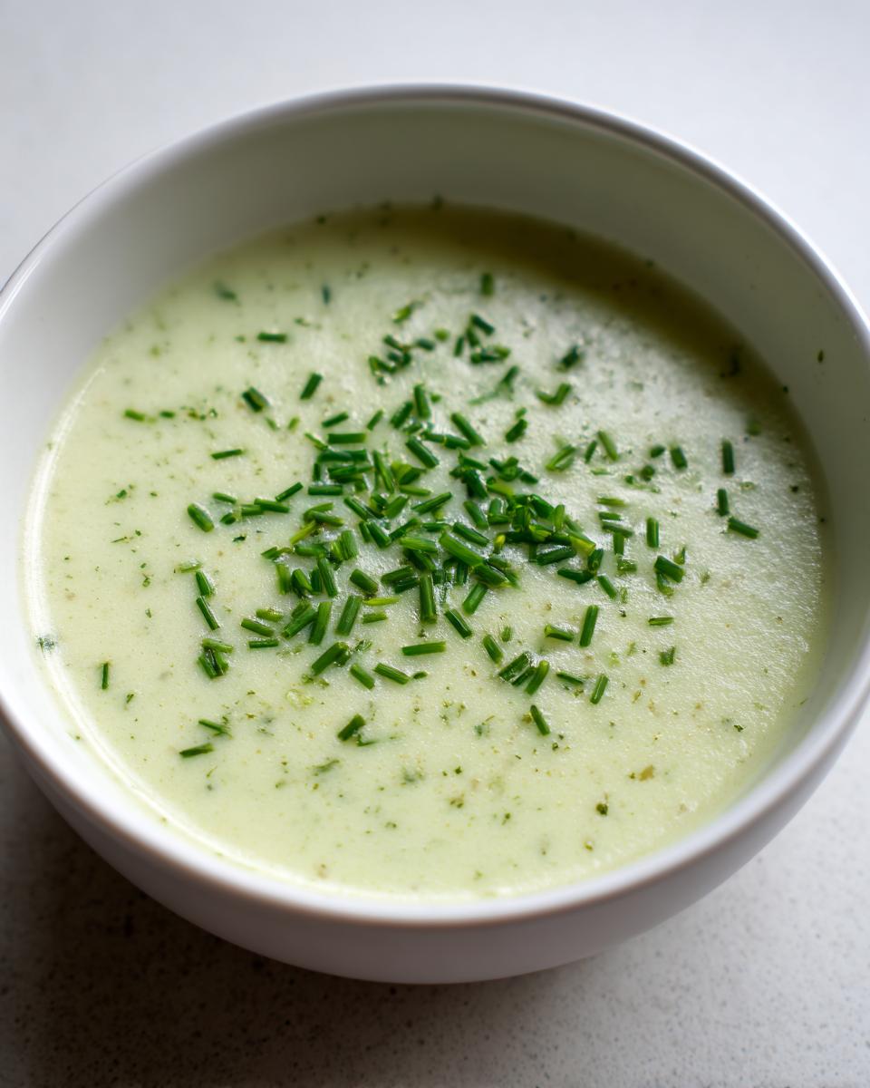 Close-up of a bowl of creamy potato leek soup topped with fresh, bright green chopped chives.