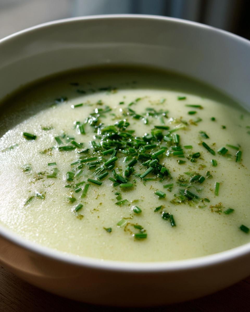 Close-up of a bowl of creamy potato leek soup garnished generously with chopped fresh chives.