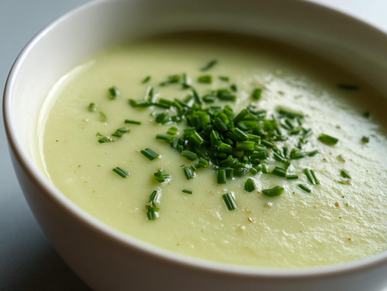 Close-up of a velvety bowl of potato leek soup garnished generously with freshly chopped green chives.
