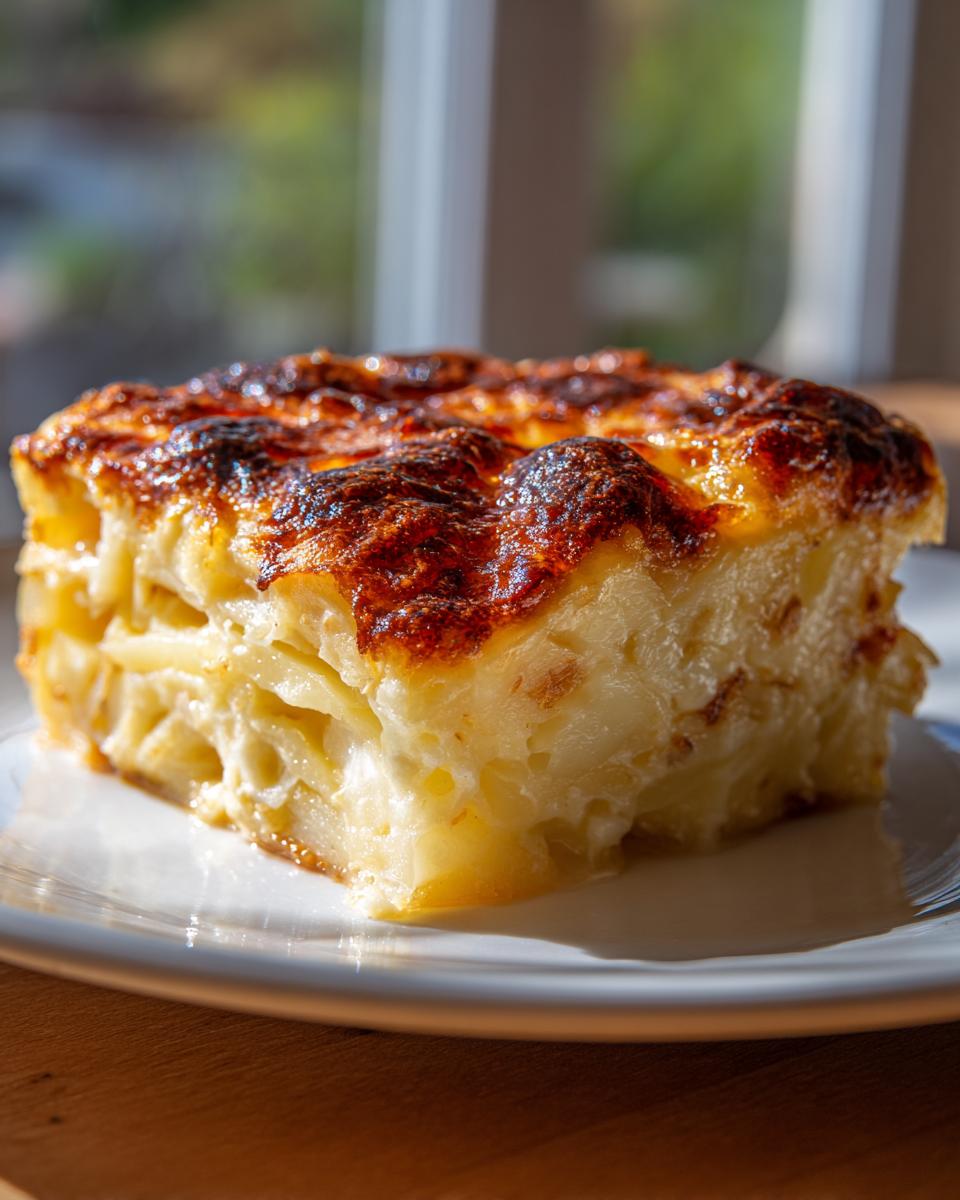 A close-up slice of rich, creamy potatoes au gratin with a deeply browned, cheesy crust.