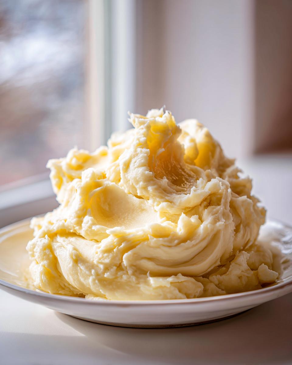 A generous mound of creamy, fluffy roasted garlic mashed potatoes served on a white plate, brightly lit by a window.